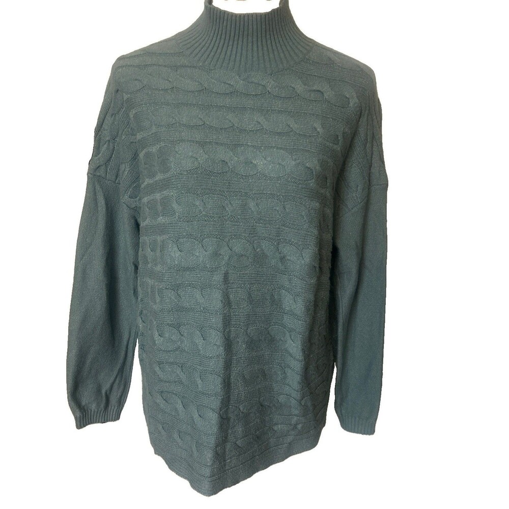 J Jill Sweater Sz S Blue Cotton Blend Pullover Cable Knit Mock Neck Relaxed